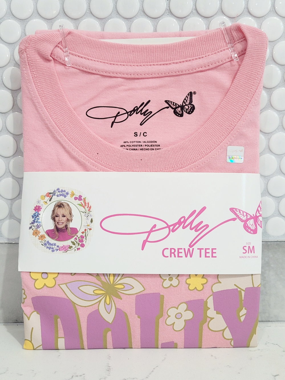 Dolly Parton Pink Crew Tee - Short Sleeve Floral.with Butterflies